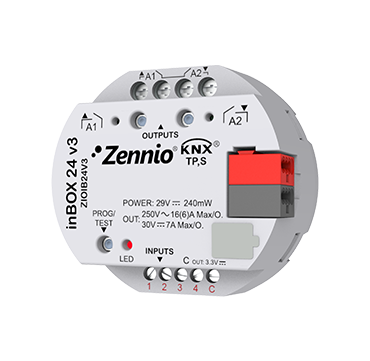 Zennio ZIOIB24V3 Многофункциональный привод для скрытого монтажа с 2 выходами (16 A C-нагрузка) и 4 аналого-цифровыми входами, inBOX 24 v3