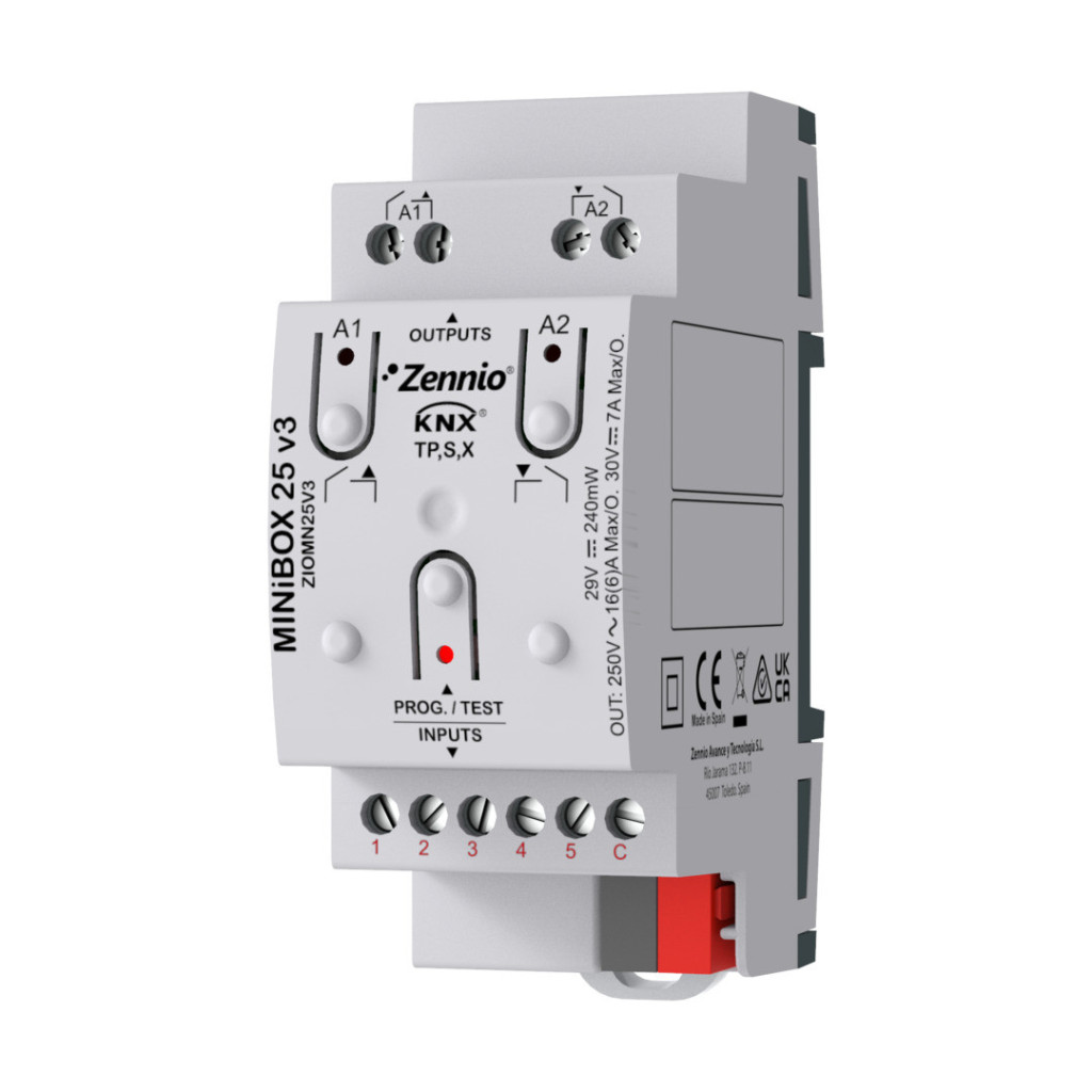 Zennio ZIOMN25V3 MINiBOX 25 v3. Многофункциональный актуатор KNX с KNX Secure — 2 выхода 16 А / 5 входов A/D